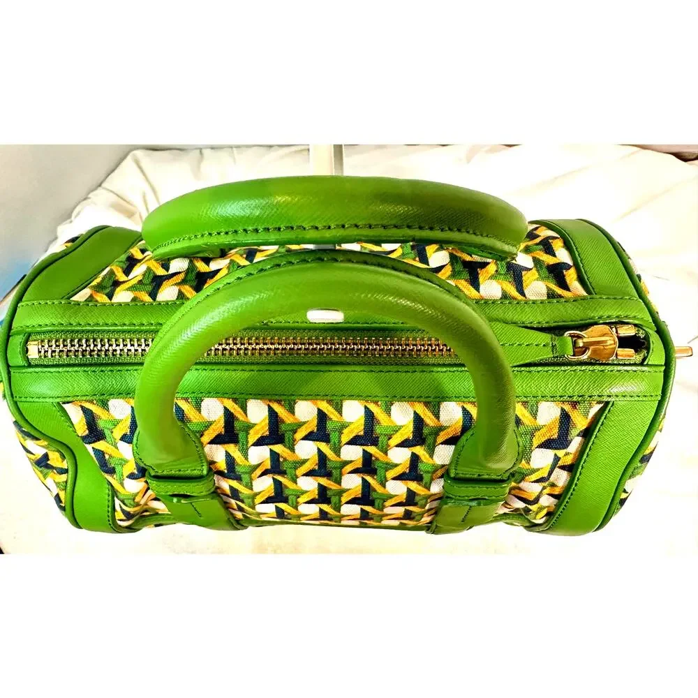 Tory Burch Green Nylon & Leather Boston Satchel Gold Hardware Bag Charm